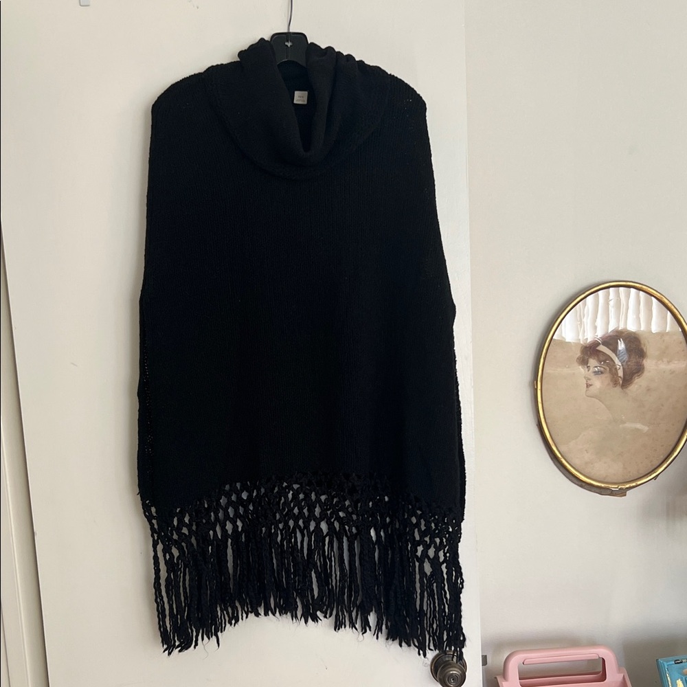 Halogen Black Knit Fringe Poncho